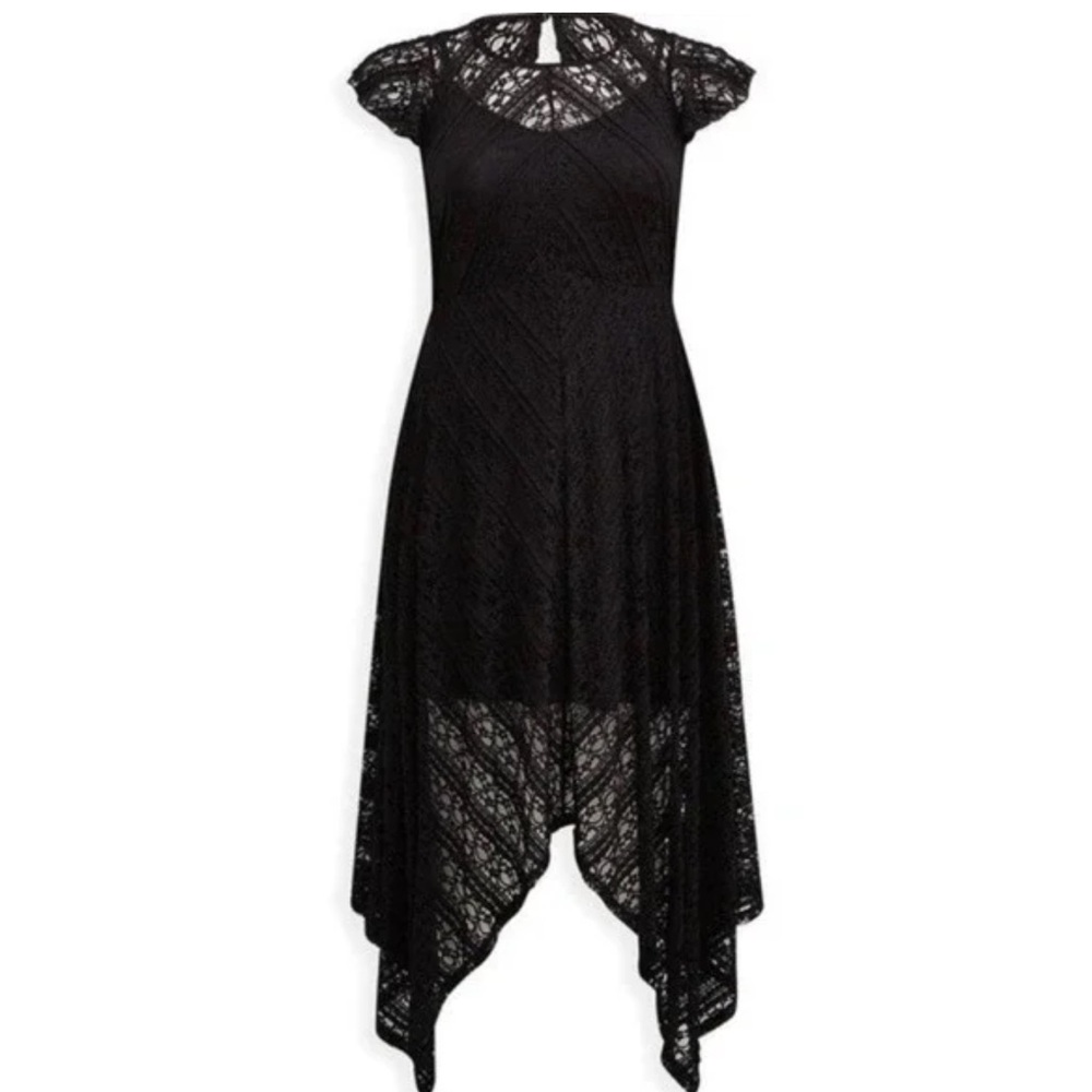 Torrid 1X Deep Black Midi Rayon Slub Lace Trim Dress with Pockets